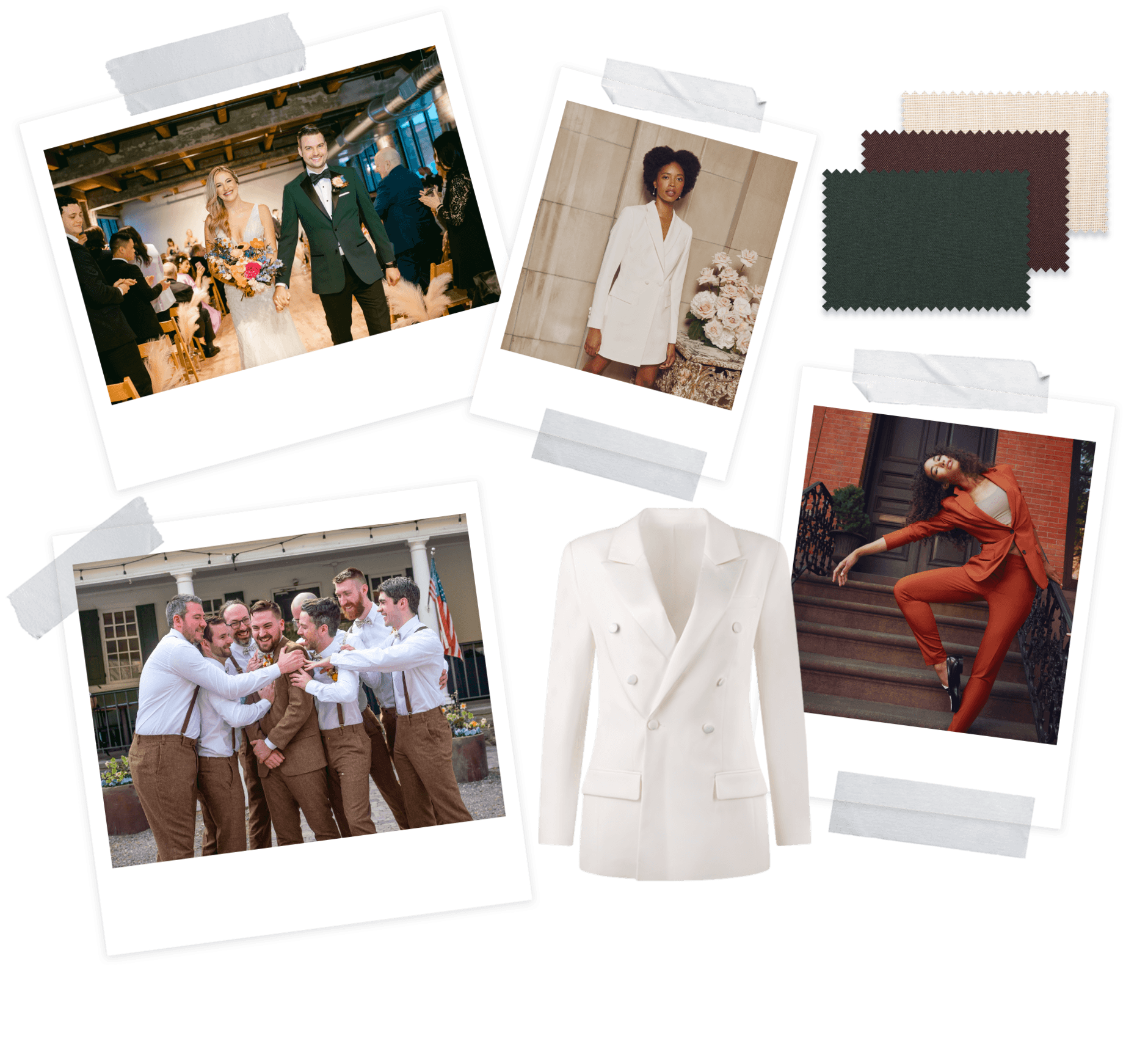 Taped up style polaroid collage with a women's white tuxedo dress, forest green tuxedo jacket, tweed wedding suits & rust orange pantsuit.