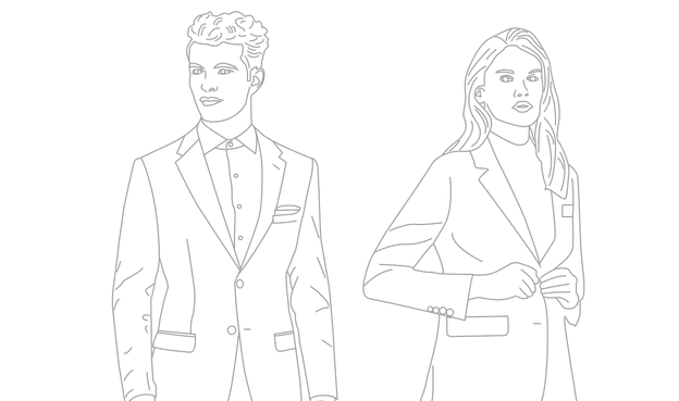 Hand sketched illustration of man in suit and button-up shirt & woman in women's suit and turtleneck.