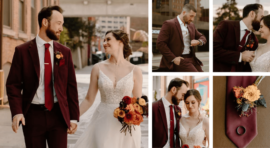 Real wedding photos and photoshoots of men in burgundy suits