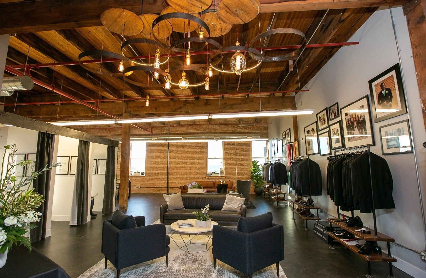 Industrial chic ceiling installation in showroom for SuitShop to get fitted for a suit in Denver.