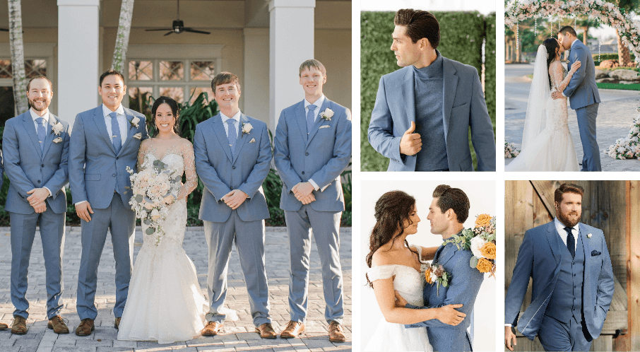 Real wedding photos and photoshoots of men in light blue suits