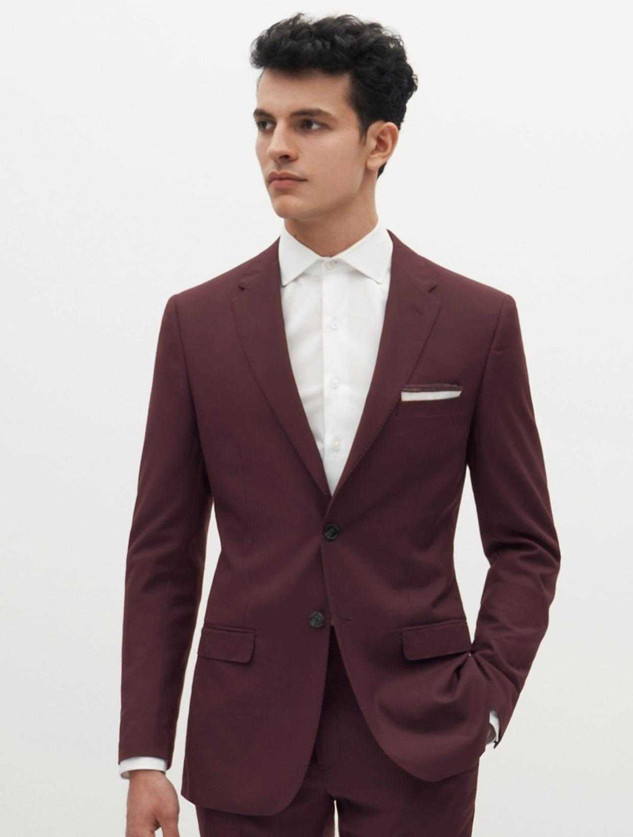 Men's maroon suit shopping photo to get ready for high school dance in prom suits.