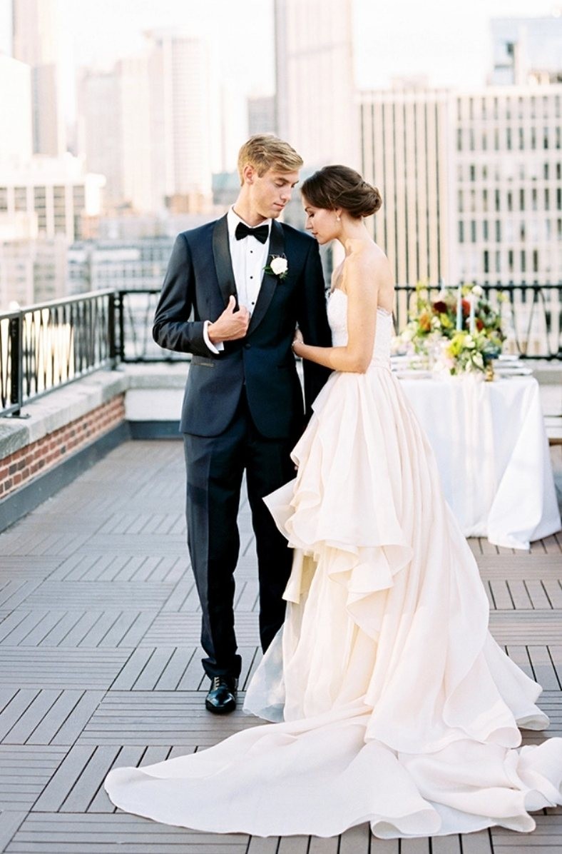 Urban black tie romantic rooftop wedding styled shoot.