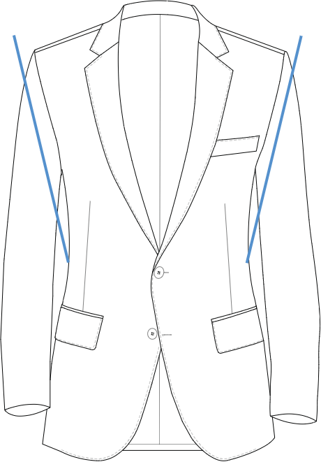 Slim Fit suit jacket with lines pointing out tapered, v-shape fit type.